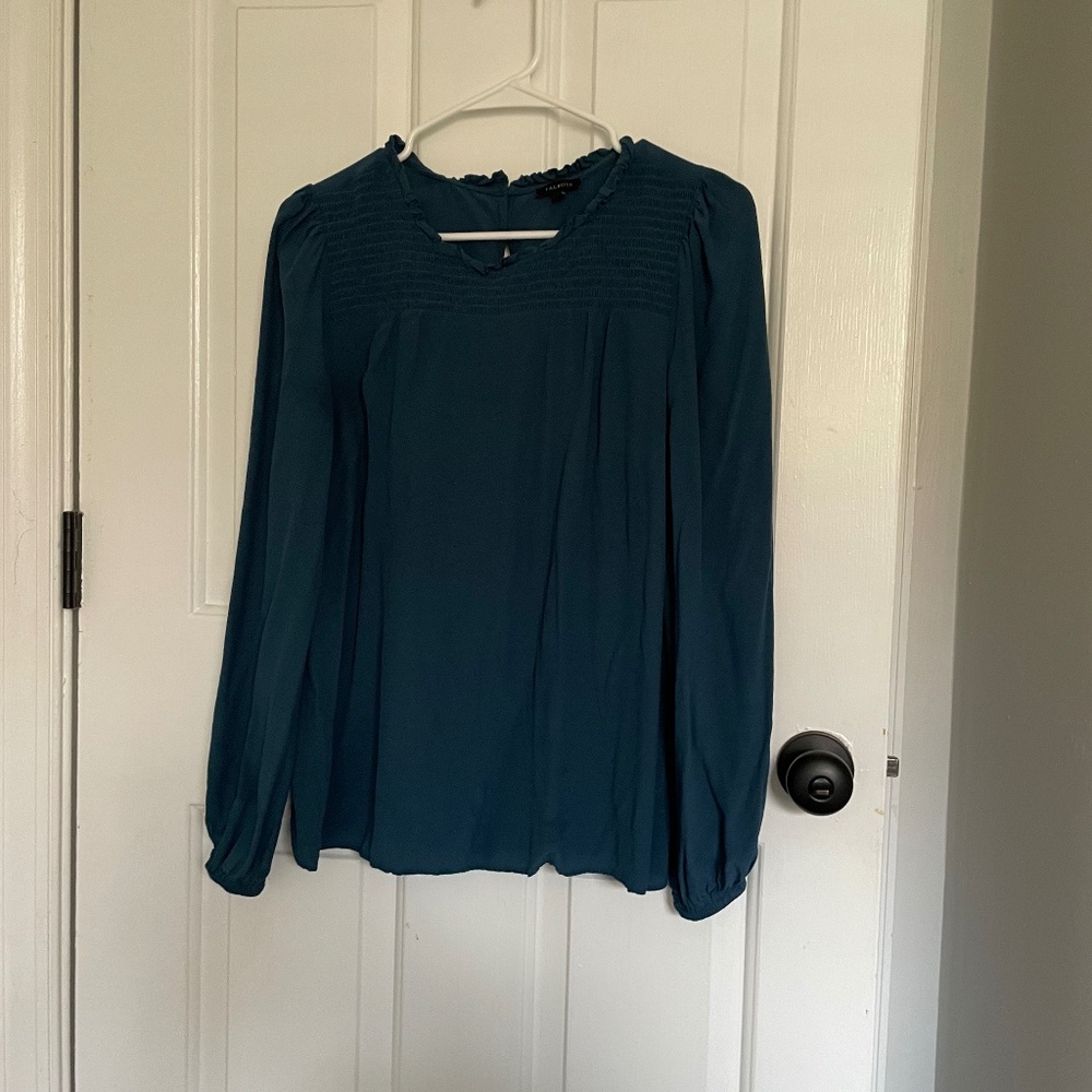 Blue shirred neckline blouse